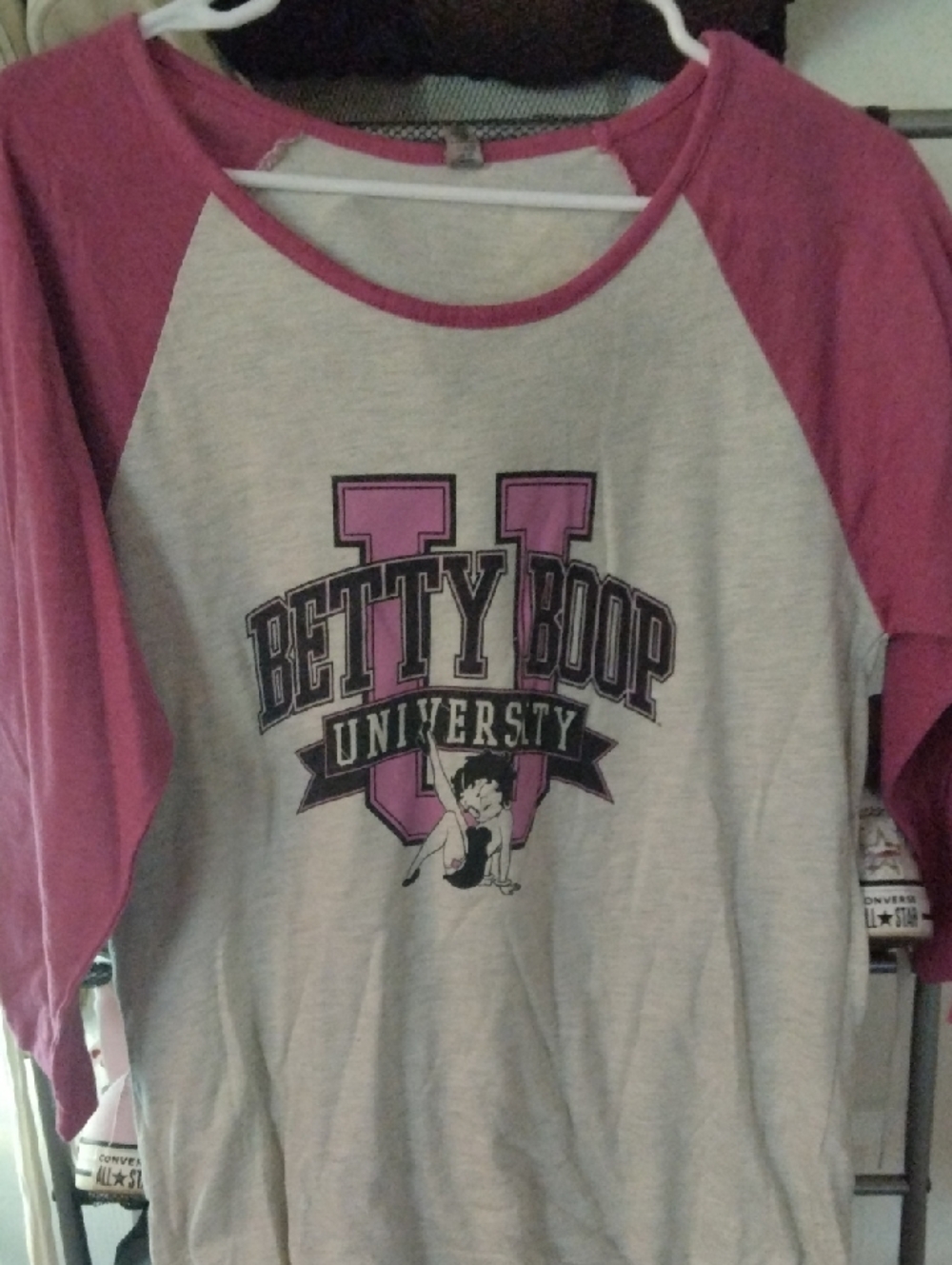 Pink Platinum Betty Boop University Raglan Top - Pink & Light Gray